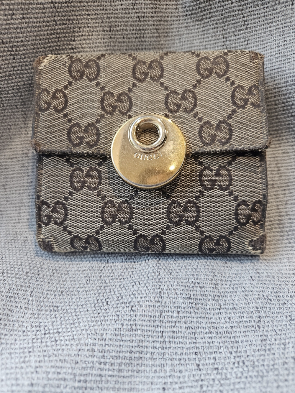 Authentic Gucci Monogram Canvas Small Wallet with Gold Snap